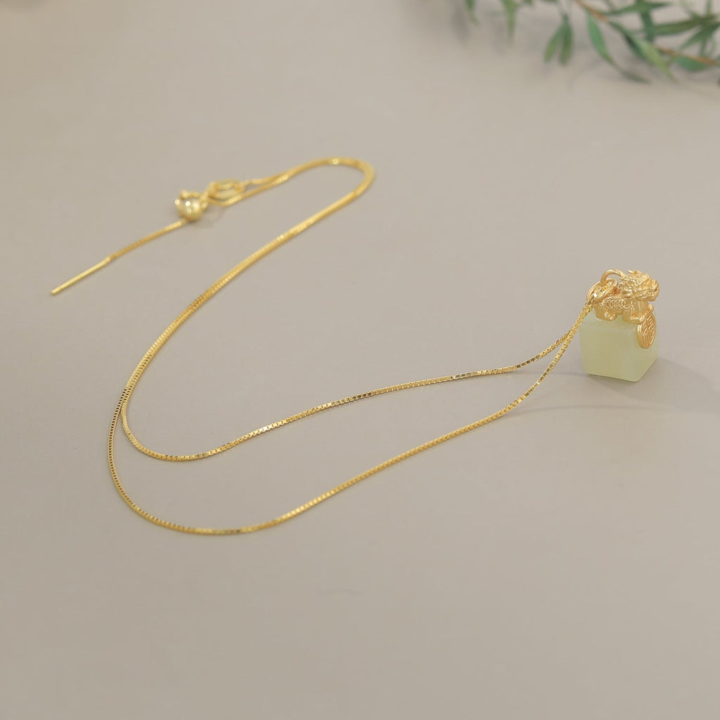 Gold-Plated Pixiu White Nephrite Jade Pendant Necklace-Grounded Opportunity