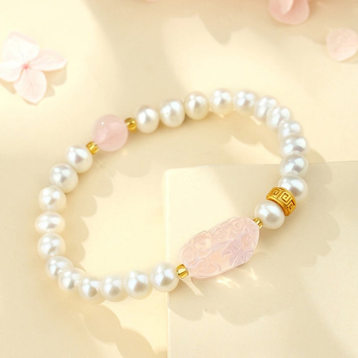 Rose Quartz Pixiu Bracelet with Pearls â€?925 Silver Fortune & Peace Charm