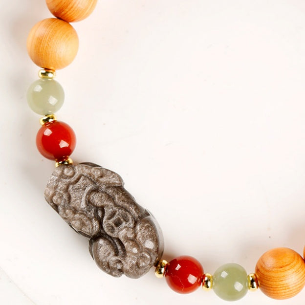 Thujawood Bracelet with Silver Obsidian PiXiu-Calm Strength & Wealth Protection