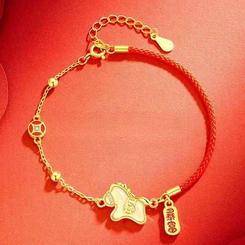 2026 Zodiac Horse Jade & Gold Bracelet-Red Cord Prosperity Symbol