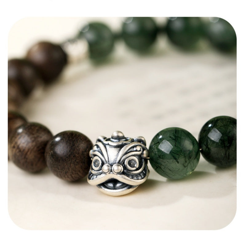 Silver Lion Bracelet Sandalwood Green Rutilated Quartz Bracelet-Awakened Courage