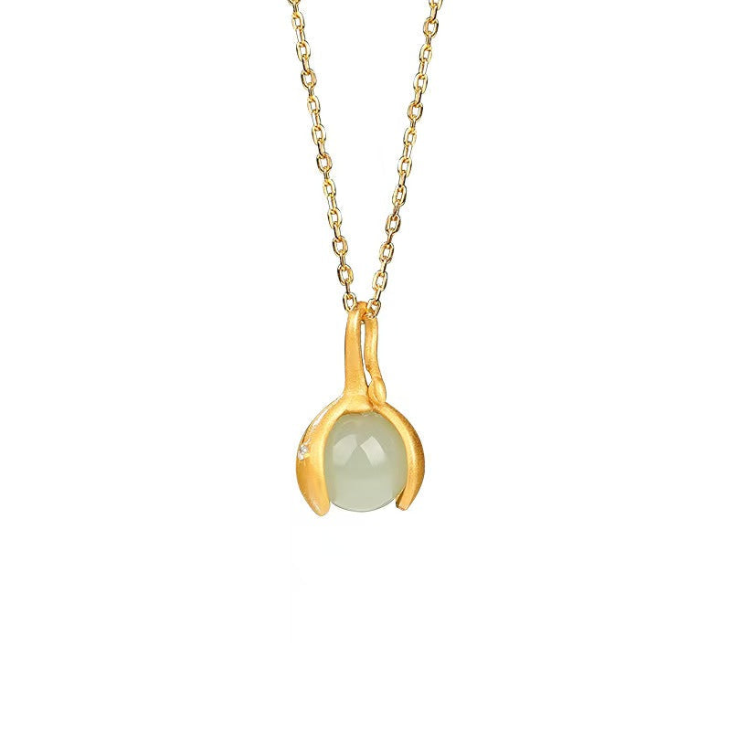 Gentle Essence Hetian Jade Pendant Necklace– S925 Sterling Silver with Ancient Gold Finish