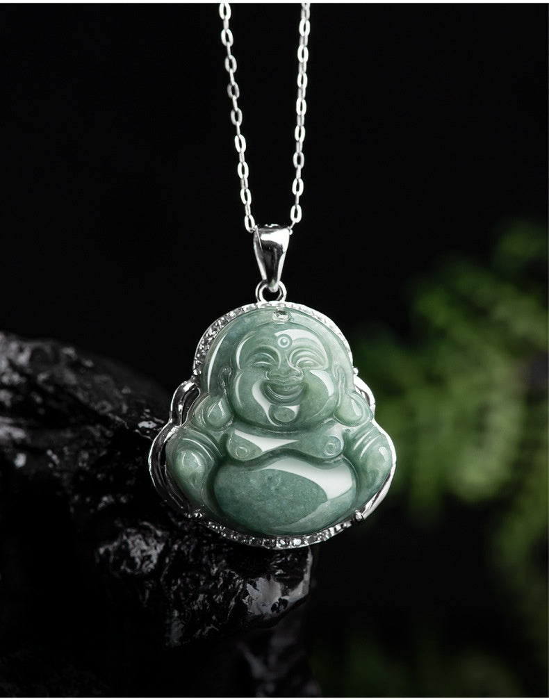 Grade A Jade Laughing Buddha Pendant – Women's S925 Silver Mounted Bean-Type Jade Amulet