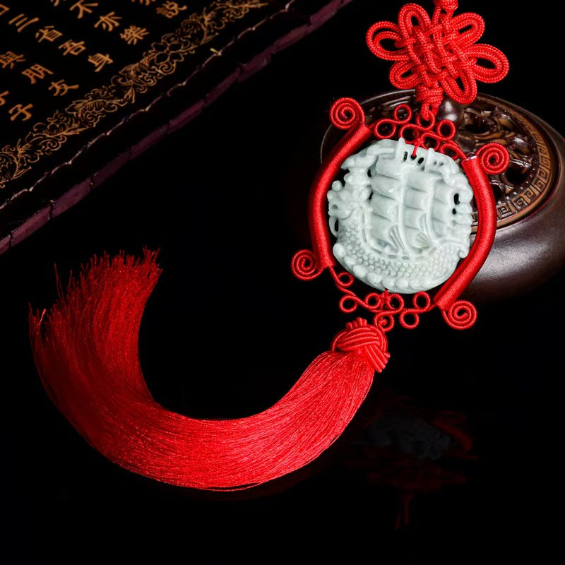 Jade Dragon Boat Car Hanging Ornament â€?Safe Journey & Success Charm with Red Tassel