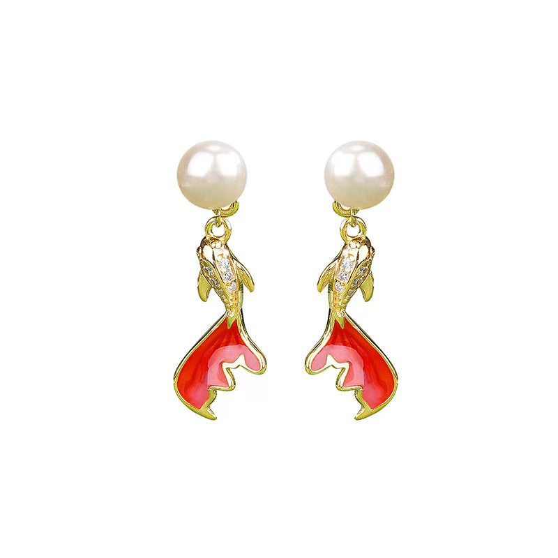 Pearl Koi Fish Drop Earrings ¨C Elegant Gold-Plated Studs with Enamel & Crystals