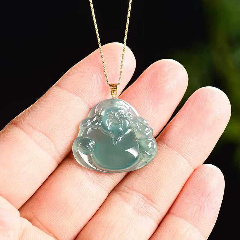 Blue Jadeite God of Wealth Pendant ¨C Natural Ice-Type Jade Necklace with 18K Gold Setting