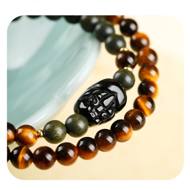 Tiger's Eye Pixiu Double-Wrap Bracelet with Green Sandalwood