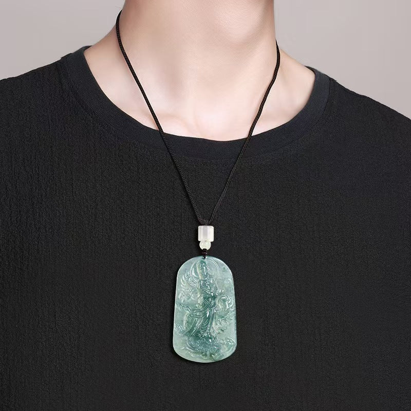 Natural Jadeite Guanyin with Dragon Pendant ¨C Hand-Carved Ice-Type Jade