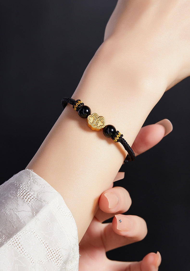 999 Sterling Silver & Obsidian Fortune Bracelet ¨C Handmade Lucky Ruyi Knot Design