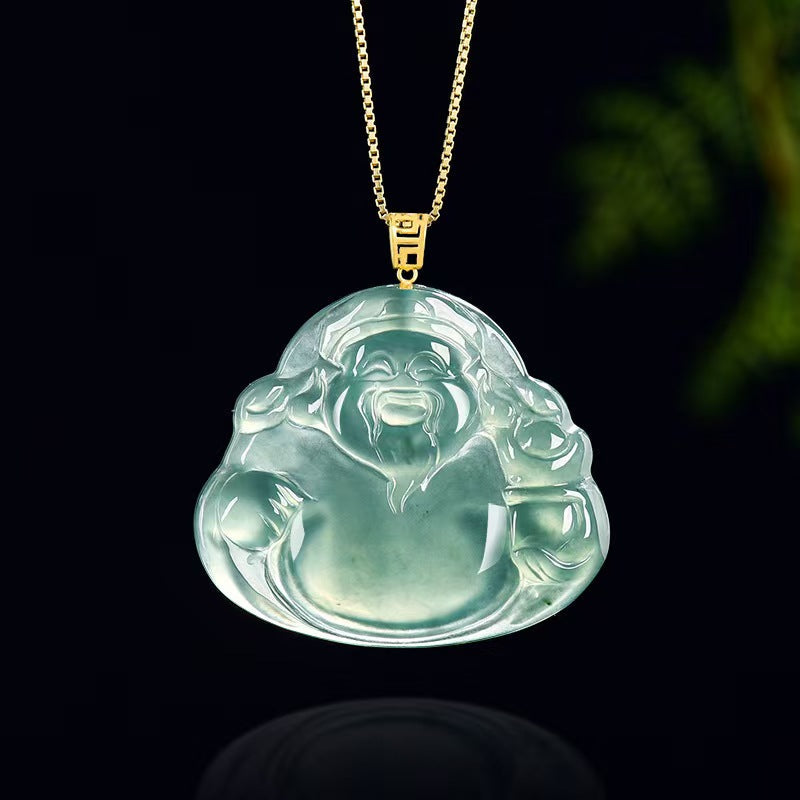 Blue Jadeite God of Wealth Pendant ¨C Natural Ice-Type Jade Necklace with 18K Gold Setting