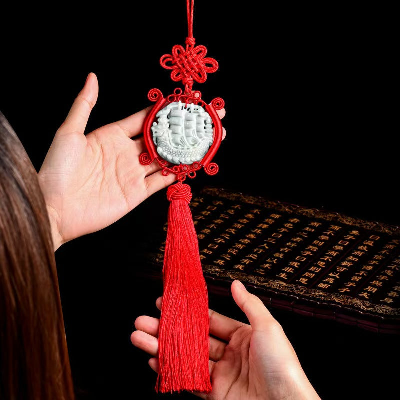 Jade Dragon Boat Car Hanging Ornament â€?Safe Journey & Success Charm with Red Tassel