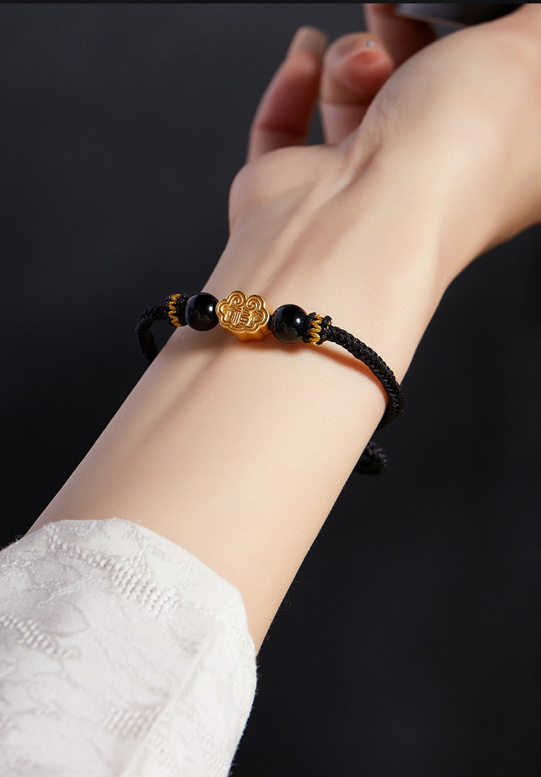 999 Sterling Silver & Obsidian Fortune Bracelet ¨C Handmade Lucky Ruyi Knot Design