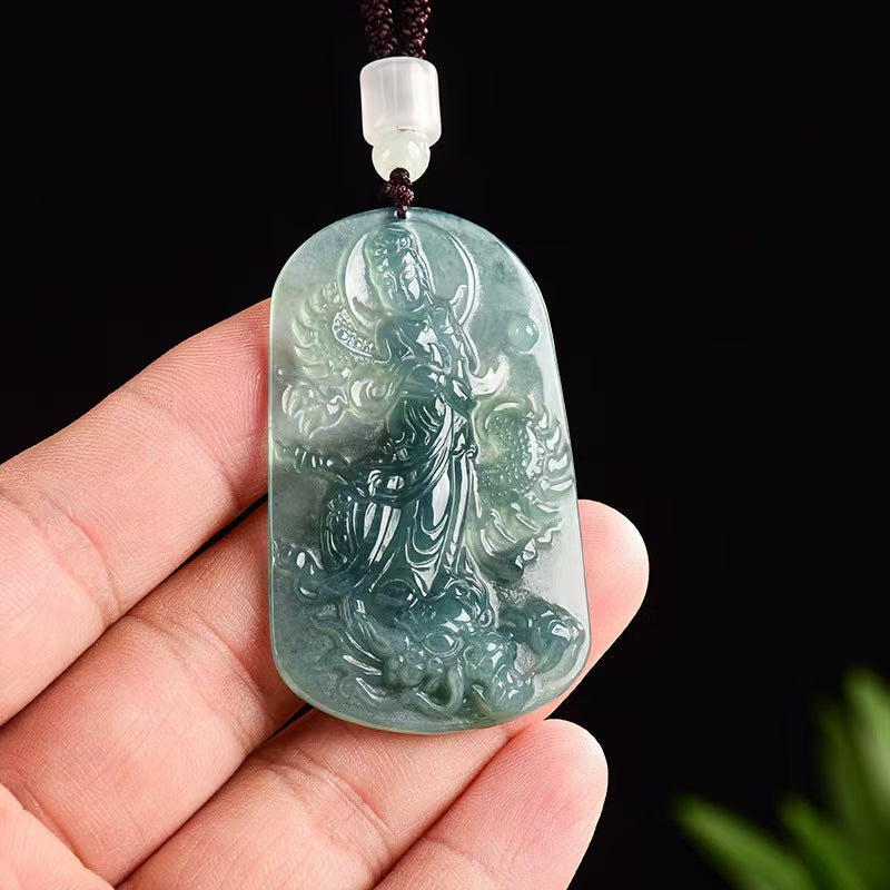 Natural Jadeite Guanyin with Dragon Pendant ¨C Hand-Carved Ice-Type Jade