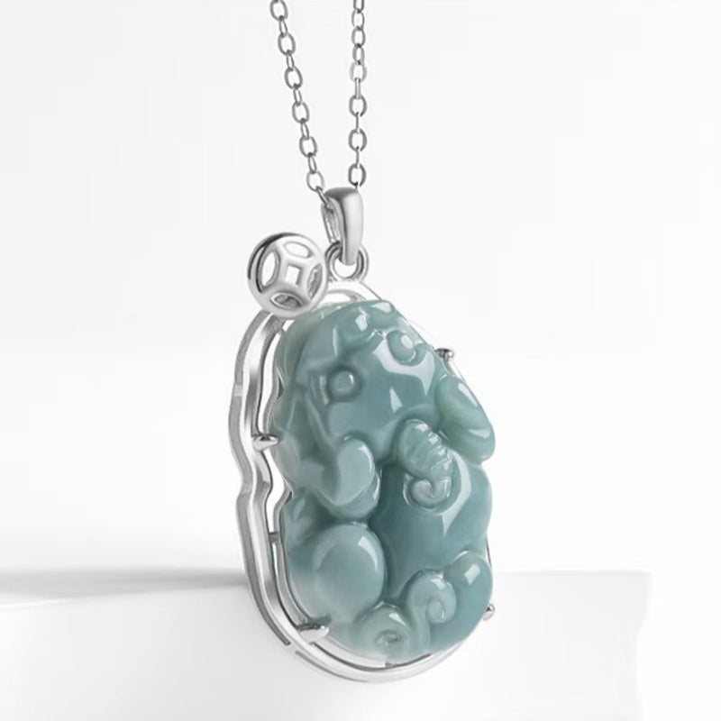 Serene Pixiu Ice Jade Pendant-925 Sterling Silver Necklace for Protection. Wealth & Steady Growth