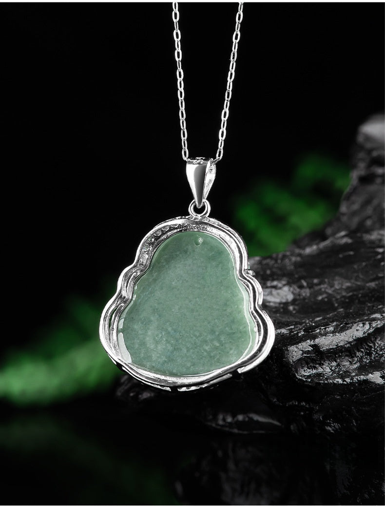 Grade A Jade Laughing Buddha Pendant – Women's S925 Silver Mounted Bean-Type Jade Amulet