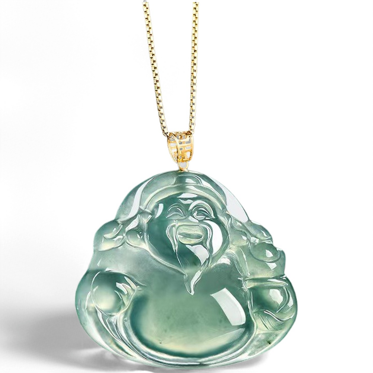 Blue Jadeite God of Wealth Pendant ¨C Natural Ice-Type Jade Necklace with 18K Gold Setting