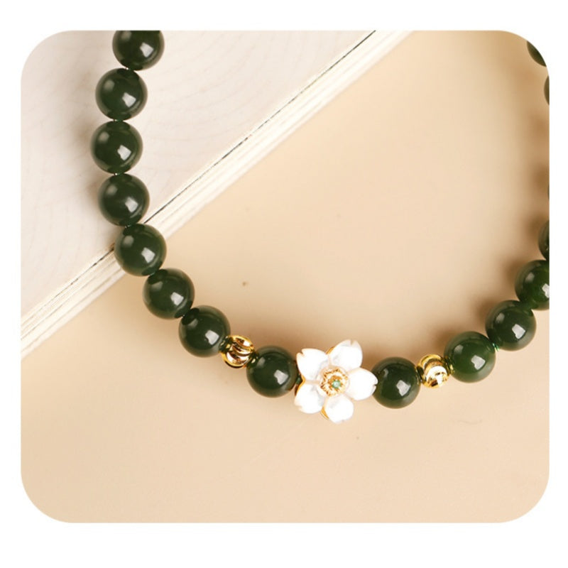 Nephrite Jade Bracelet with Mother-of-Pearl Flower-Grounded Elegance