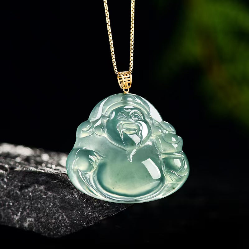 Blue Jadeite God of Wealth Pendant ¨C Natural Ice-Type Jade Necklace with 18K Gold Setting