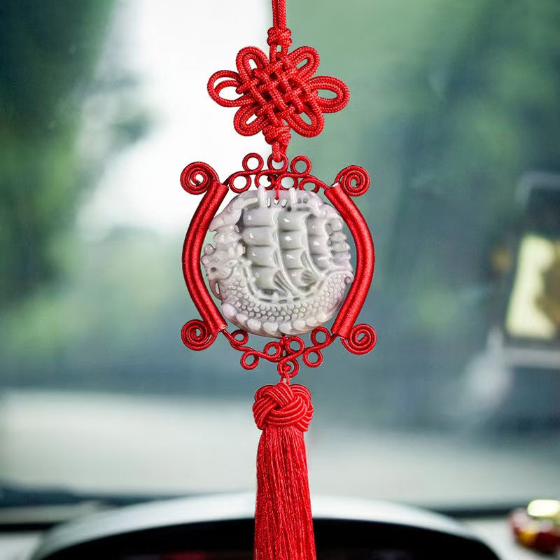 Jade Dragon Boat Car Hanging Ornament â€?Safe Journey & Success Charm with Red Tassel