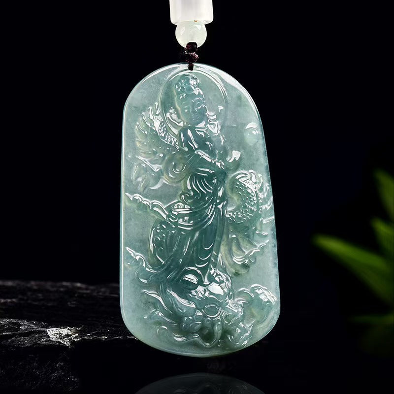 Natural Jadeite Guanyin with Dragon Pendant ¨C Hand-Carved Ice-Type Jade