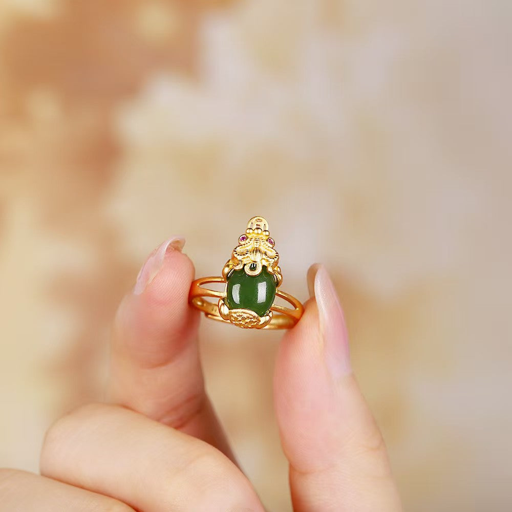 Guardian Prosperity Pixiu Green Jade Gold-Plated Silver Ring