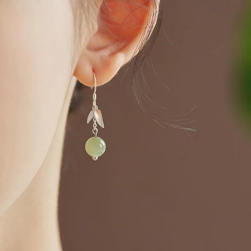 Bamboo Leaf Green Jade Drop Earrings ¨C Gentle Harmony in 925 Sterling Silver