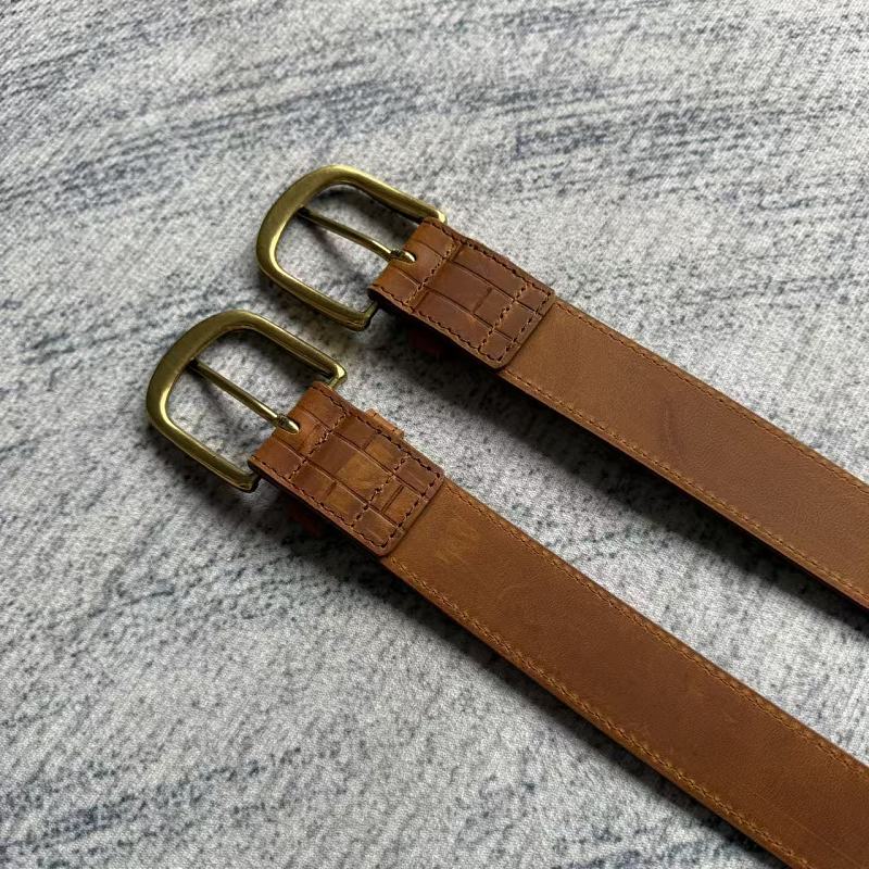 Brick-Embossed Leather Belt - Tan/Cognac