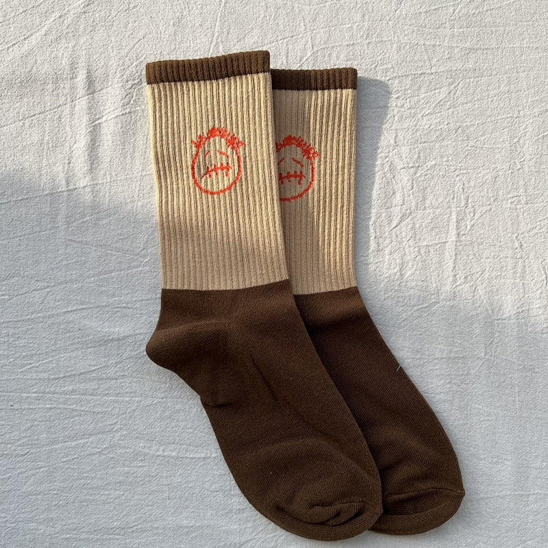 Color Block Crew Socks with Embroidered Face