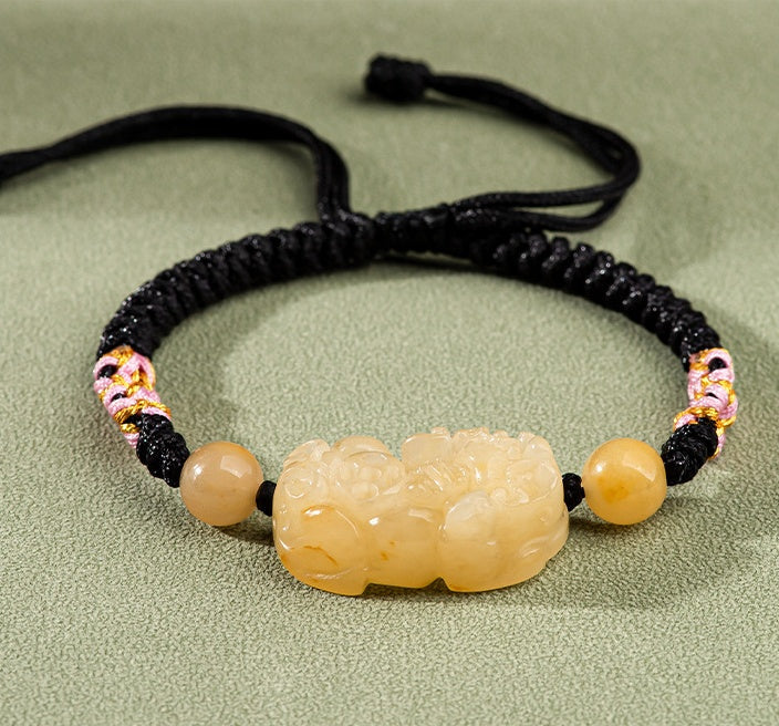 Hand-Woven Golden Silk Jade PiXiu Bracelet ¨C Protection. Peace & Vitality