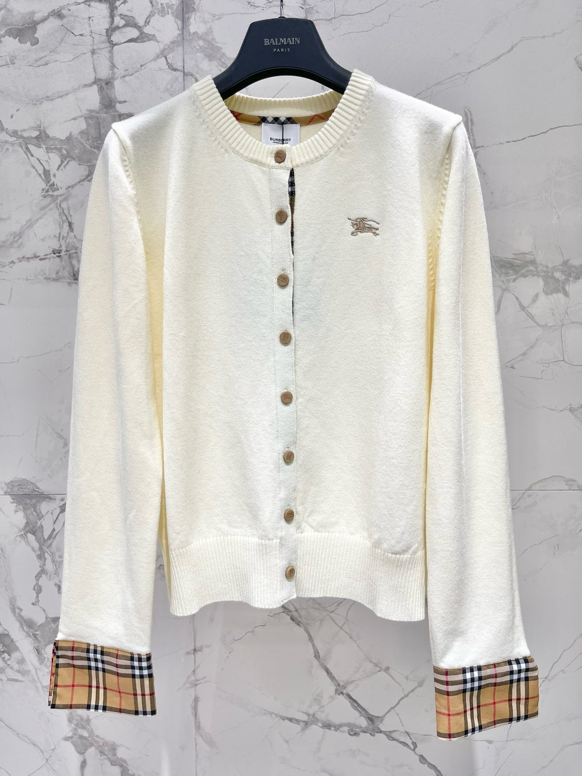 Vintage Check Cuff Wool Cardigan