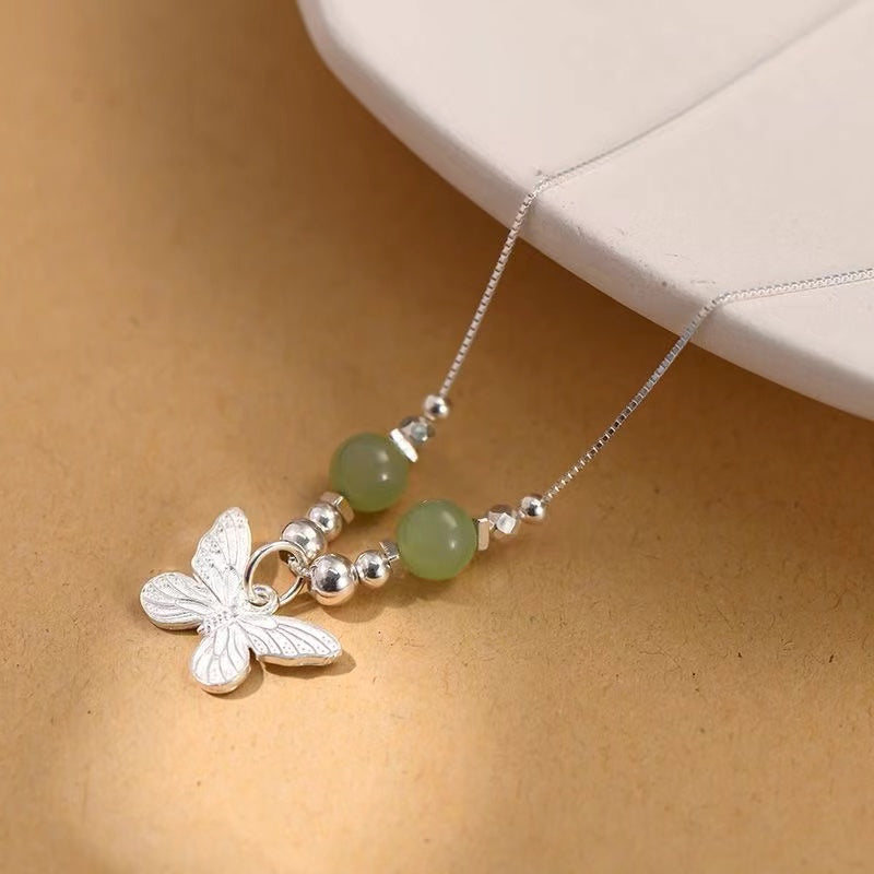 Butterfly Jade Beads Silver Necklace-Transformation and Prosperity