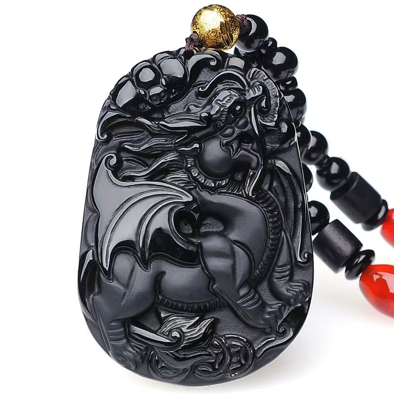 Black Obsidian Flying Pixiu Pendant ¨C Hand-Carved Guardian of Wealth & Power