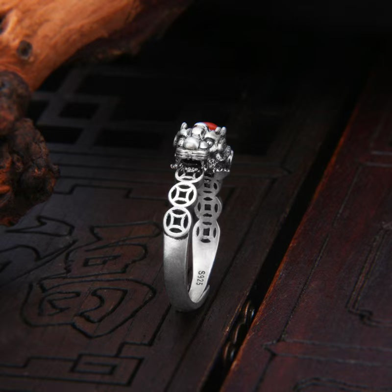 Silver Pixiu Red Agate Ring-Traditional Good Fortune Symbol