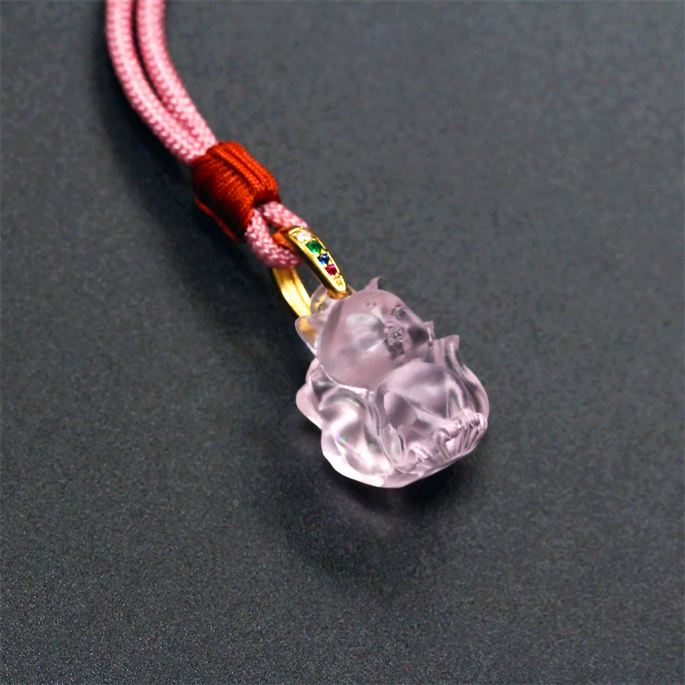 Pink Glaze Fox God Huxian Protection Amulet Pendant