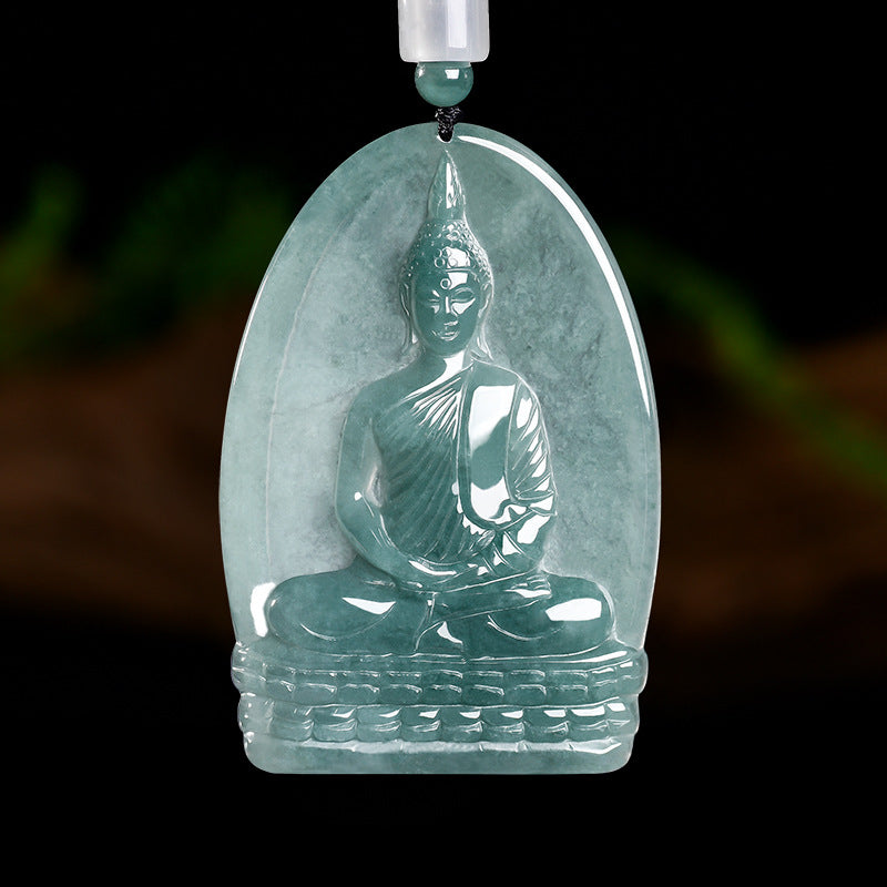 Natural Icy Jadeite Shakyamuni Buddha Pendant Thai Style Zen Necklace