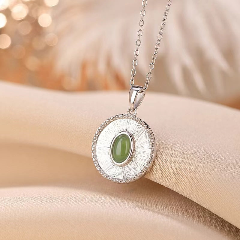 Vintage Green Jade  Silver Pendant Necklace-Inner Peace