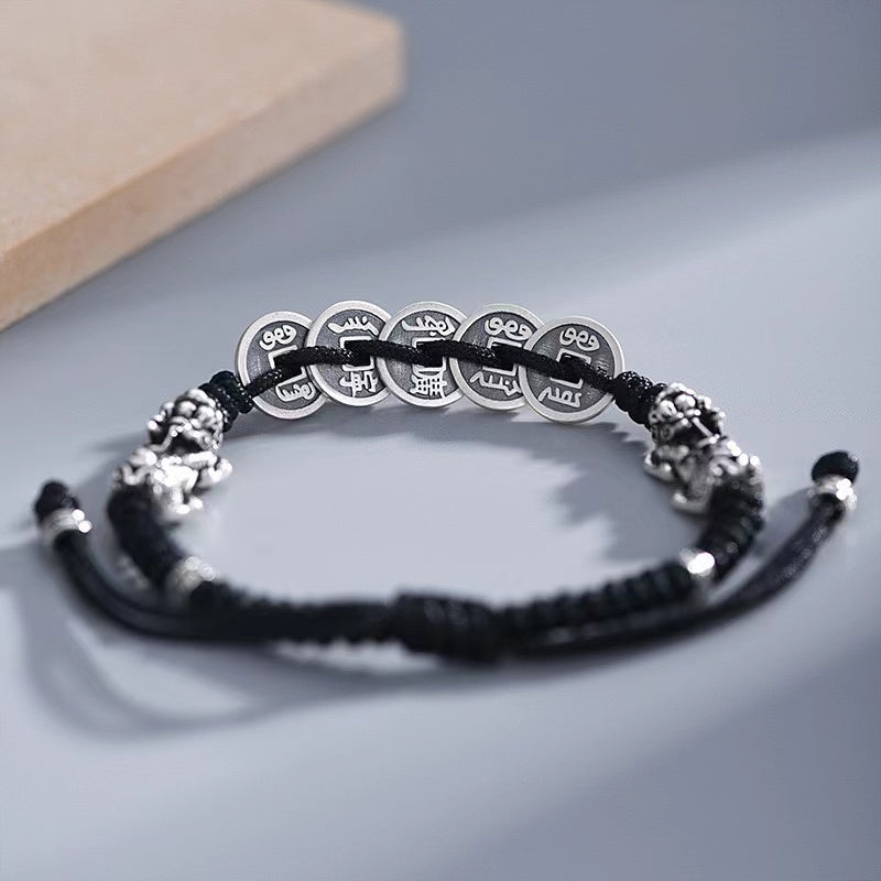 Five Emperors Coins Double Pixiu Handmade Rope Bracelet-Traditional Good Fortune Symbol