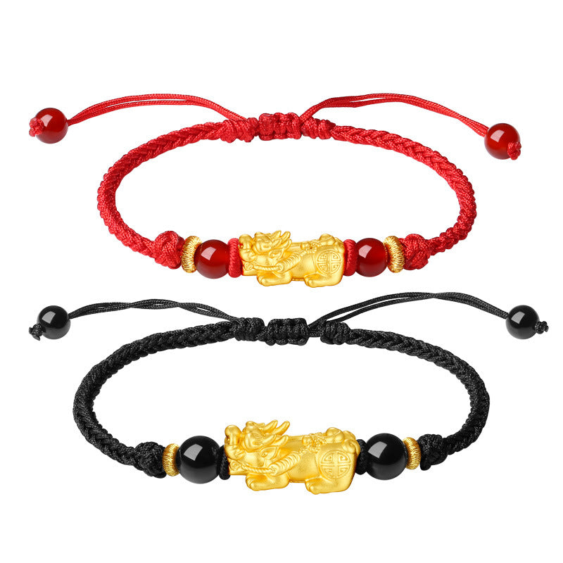 Golden Pixiu Couple String Bracelets ¨C Lucky & Protection Red and Black String Set