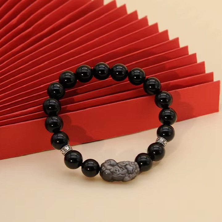 Silver Obisidian Pixiu Six True Words Bracelet-Traditional Good Fortune Symbol