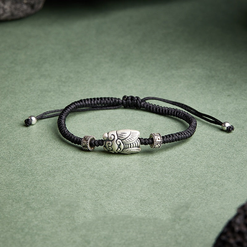 Sterling Silver Cicada Bracelet ¨C Handwoven Cord with Vintage Finish