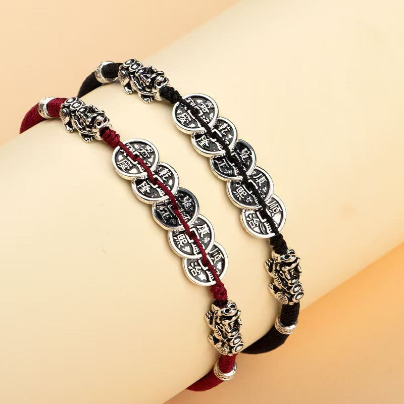 Five Emperors Coins Double Pixiu Red String Bracelet-Traditional Good Fortune Symbol