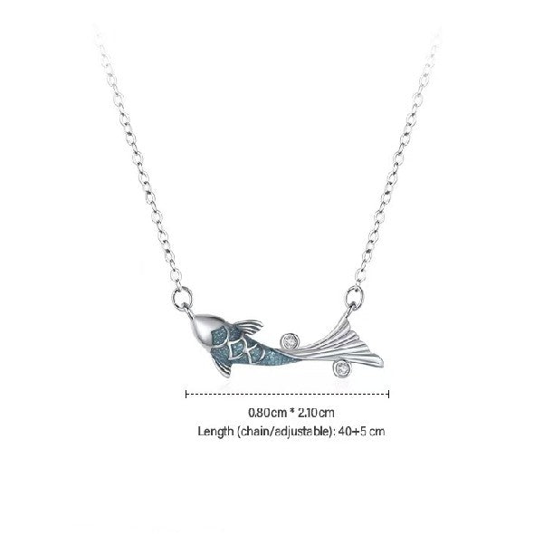Vintage Blue Koi Fish Silver Necklace-Good Fortune and Prosperity