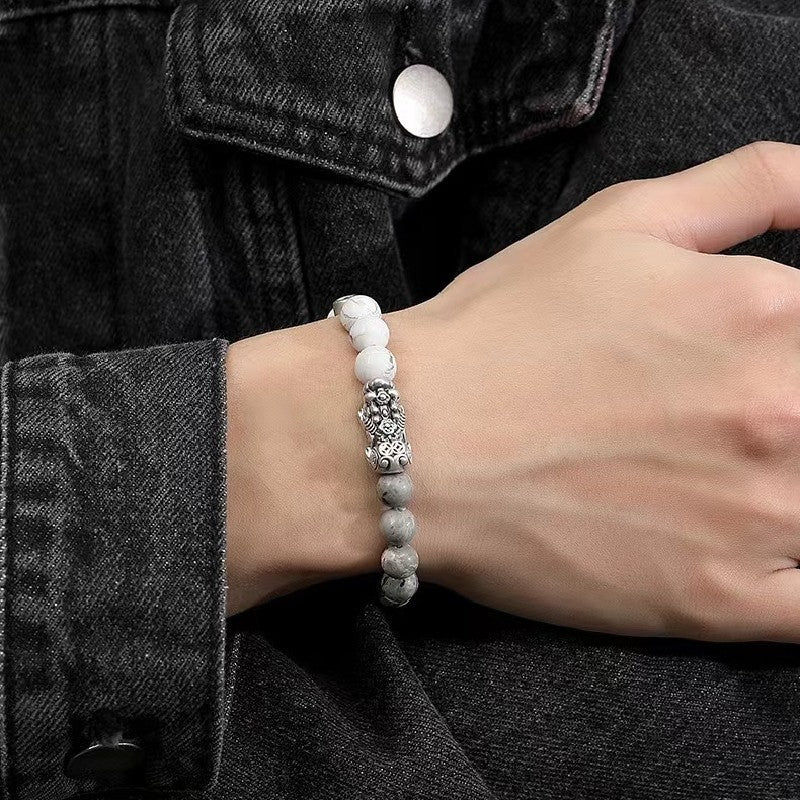 White Turquoise Beads Silver Pixiu Bracelet-Traditional Good Fortune Symbol