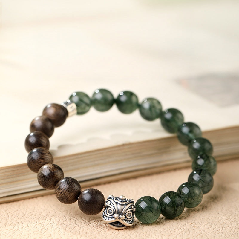Silver Lion Bracelet Sandalwood Green Rutilated Quartz Bracelet-Awakened Courage