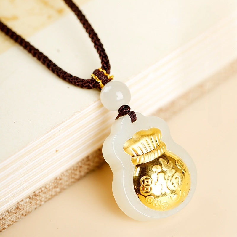 Fortune Held Close-Nephrite Jade Fortune Pouch Pendant Necklace