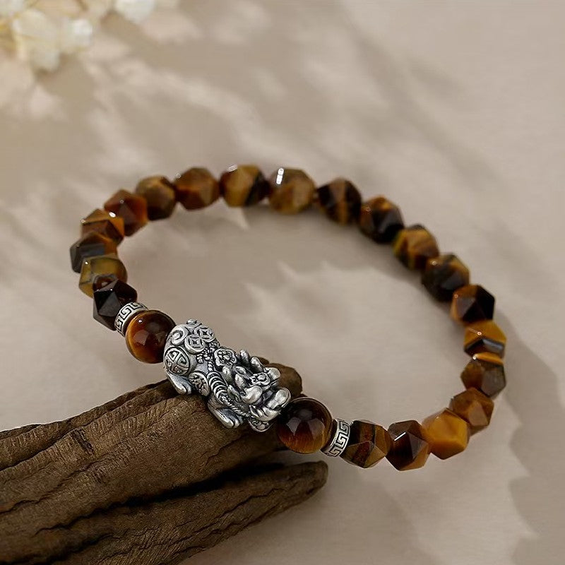 Tiger Eye Stone Silver Pixiu Bracelet-Traditional Prosperity Symbol
