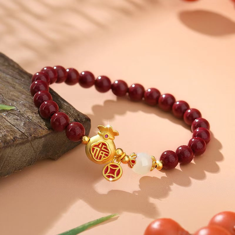 Gold Money Bag Cinnbar Beads Bracelet-Traditional Good Fortune Symbol