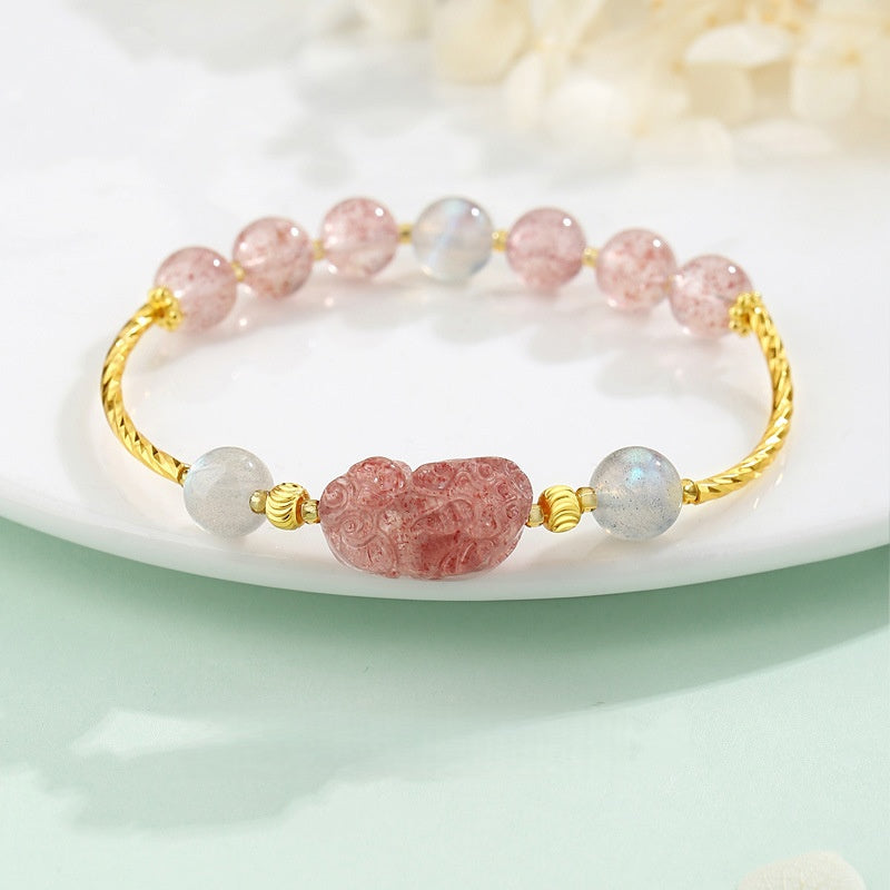 Strawberry Quartz Pixiu & Moonstone Bracelet¨CFortune. Love & Emotional Harmony