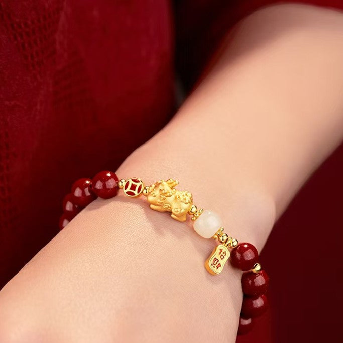 Gold Pixiu Red Cinnbar Beads Bracelet-Traditional Good Fortune Symbol
