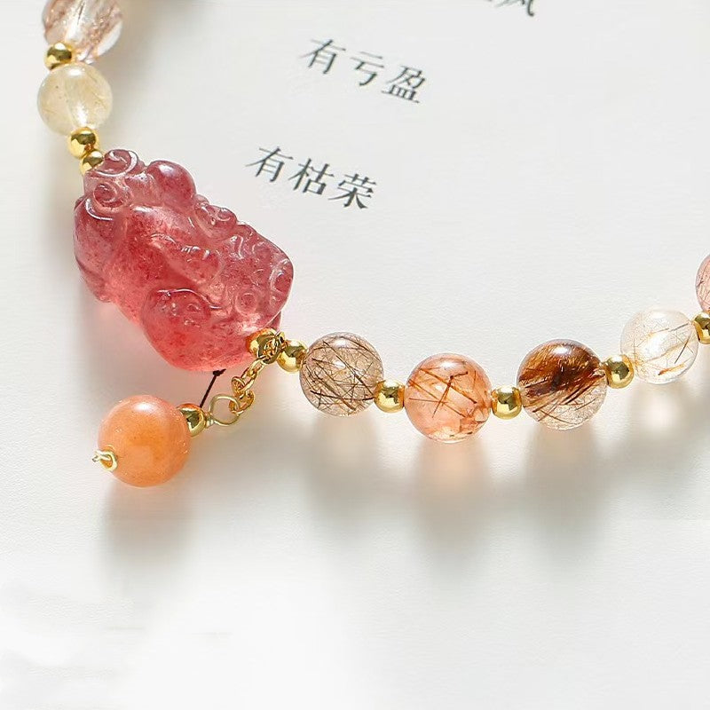 Strawberry Quartz Pixiu Rutilated Quartz Bracelet-Traditional Good Fortune Symbol